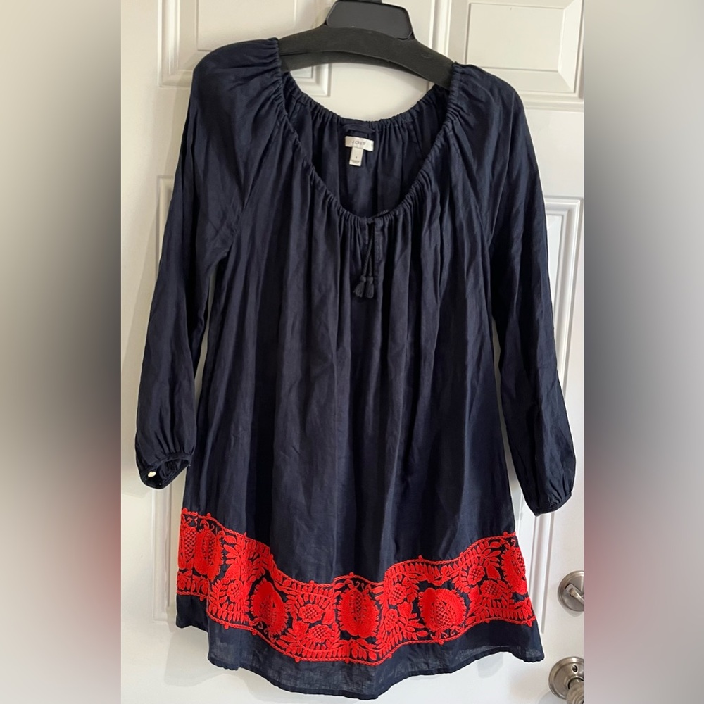 J.Crew Dress S Navy‎ Linen Oversized Short Belted Red Floral Embroidered Tunic